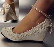 su.cheny Lace white ivory crystal flats low high heel wedge Wedding Bridal shoes