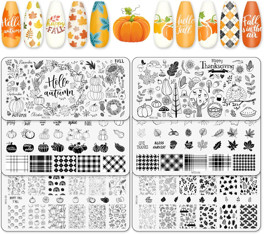 Whaline 6Pcs Fall Thanksgiving Theme Nail Art Stamping Plate Kit Various Pattern