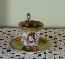 Collectors Cup & Saucers Gold Stripes with Medallion Painting