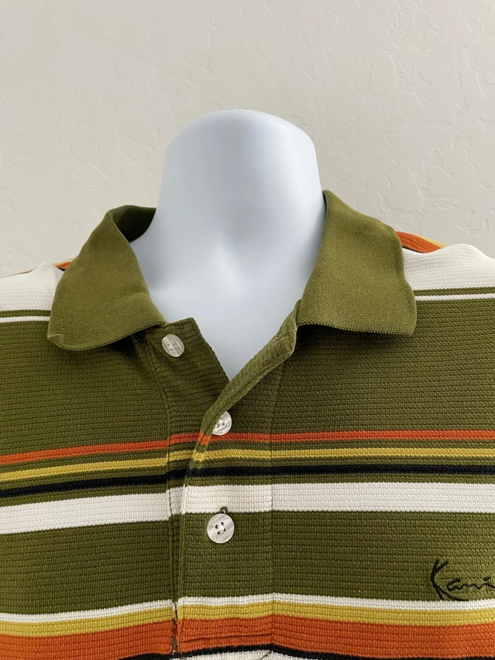 Camisa Polo Kani Dorada Para Hombres Talla XL Verde Naranja Rayas Y2k Hip Hop Manga Corta Foto 2 de 4