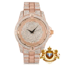 Men's Fully Bling Rose Copper Pink Finish Bling Master Simulated Diamond Watch
