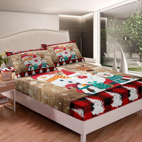 Merry Christmas Fitted Sheet, Kids Kawaii Santa Claus Bedding Set Queen Size Cut - Picture 2 of 6