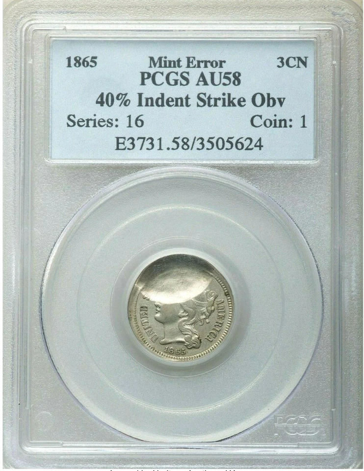 40% INDENT ERROR! 1865 THREE CENT NICKEL PCGS AU-58 - Image 2 of 3