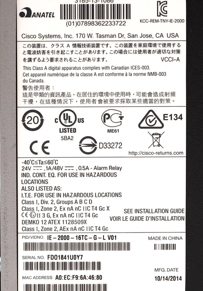 Cisco IE 2000 16-Port 10/100 Managed Industrial Switch P/N: IE-2000-16TC-G-L - Image 4 of 4
