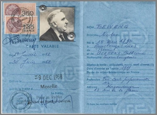 FRANCE 1958 Complete Identity Card with Fiscal Revenue Stamps - Moselle 36 pp
