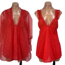 VTG Made In California Brand Peignoir Sheer Babydoll Teddy Sz L Red Lace Ruffles