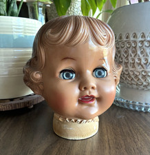 Vintage baby doll head blue sleepy eyes wood base