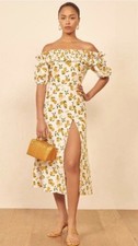 Reformation Marley Linen Lemon Off Shoulder Dress Size 8 Summer Vacation