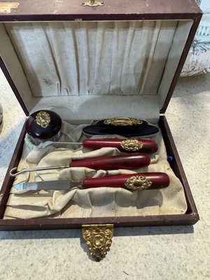 Antique Victorian Manicure Set Ted handle with gold tone Crests in Wooden Case