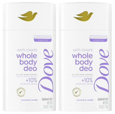 DOVE WHOLE BODY DEODORANT ANTI-CHAFE STICK COCONUT & VANILLA, 2.6oz -Pack of 2