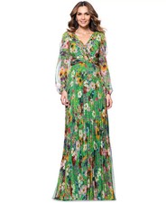 Betsy Adam Boho 2P Floral Print Pleated Gown In Green Multi 279