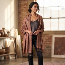 Essential Classics 100 Wool Paisley Shawl Wrap Scarf Fringed Orange Terracotta