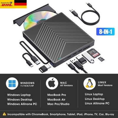 8 IN 1 USB 3.0 Externes CD/DVD Laufwerk Brenner Player mit Type C für Laptop PC