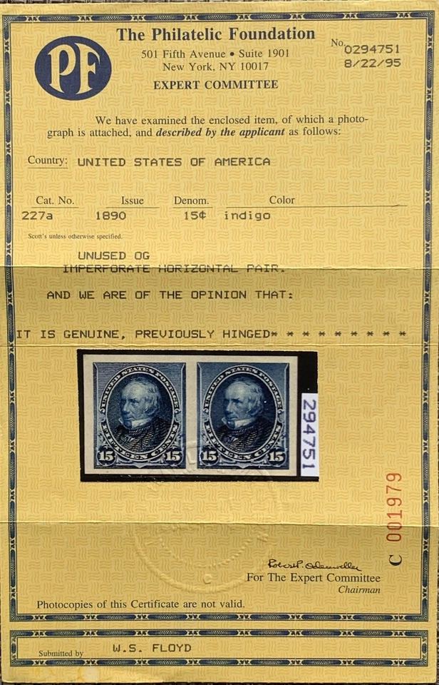 US Stamp 227P5 Former 227a Plate On Stamp Paper M/OG VF/XF 1995 PF Certificate - Image 3 of 3