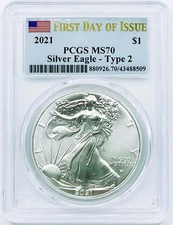 2021 SILVER EAGLE TYPE-2 PCGS MS70 *FIRST DAY OF ISSUE*