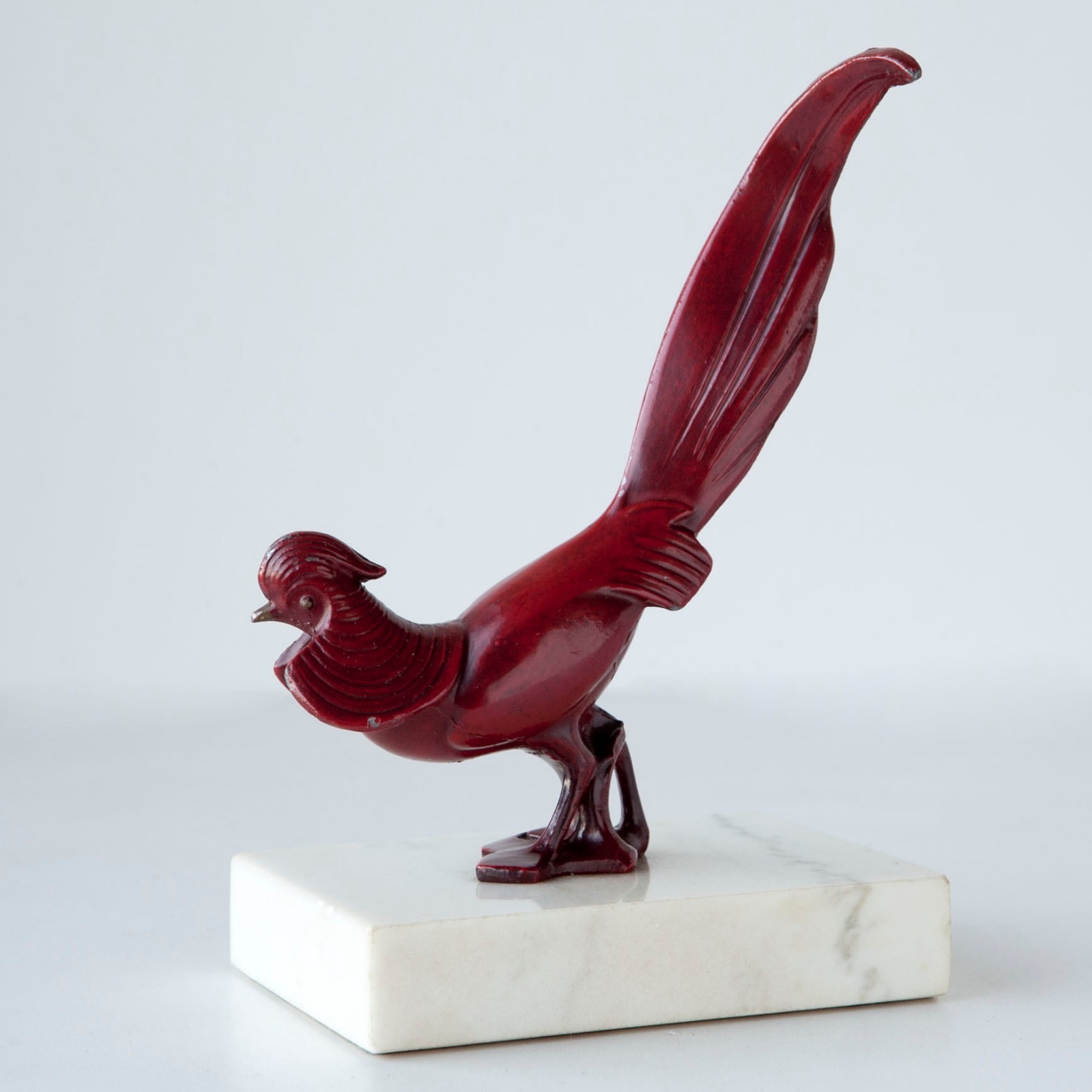 Vintage Art Deco Style Red Painted Metal Pheasant Sculpture on Marble Pedestal