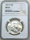 1961-D Franklin Half Dollar NGC MS63 95% FBL Frosty White PQ New Holder #L304C