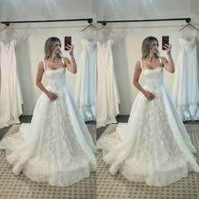 Vintage Wedding Dresses Square Neck Spaghetti Strap Sweep Train Bridal Gowns