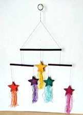 Hanging Indoor Decor Mobile 5 Multi-color Wood Stars with Tassels 22" Tall