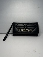 Bebe Women's Wristlet Wallet Quilted Black With Gold Lettering and Rhinestones