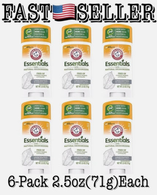 (6) ARM & HAMMER Essentials Deodorant- Unscented- Solid Oval- Made with Natural