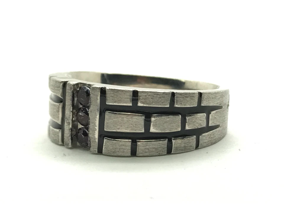 Anillo de plata esterlina 925 triple ónix esmalte negro a rayas banda de ladrillo para hombre 10,75 Foto 3 de 4