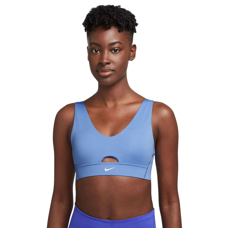 Nike Dri Fit Womens Blue Indy Plunge Cutout Mid Support Sports Bra