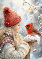 PRINT ACEO Art Card Girl Home Christmas Tree Winter Cardinal Limited Edition