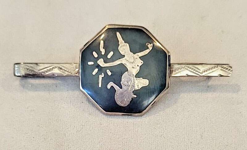 Vintage Niello Goddess Siam Sterling Silver Black Enamel Tie Clip 2" Long