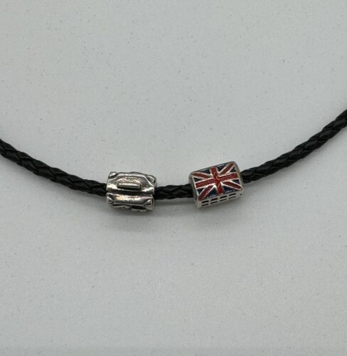 Collar/pulsera de cuero Pandora de 16"" con dijes de autobús y maleta París de Londres - Imagen 2 de 10