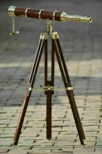 TELESCOPE Nautical Antique Brass Marine Telescope with Brown Wooden Tripod Stand