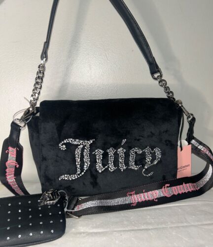 NEW! NWT JUICY COUTURE Velour All That Glitter Flap Crossbody Bag Black - Picture 3 of 9
