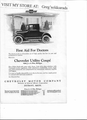 Original 1923  Chevrolet vintage print ad: ''First Aid For Doctors.''