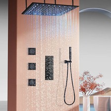 Black 20" LED Ceiling Mounted 3 Body Thermostatic Shower Faucet Sets Complete