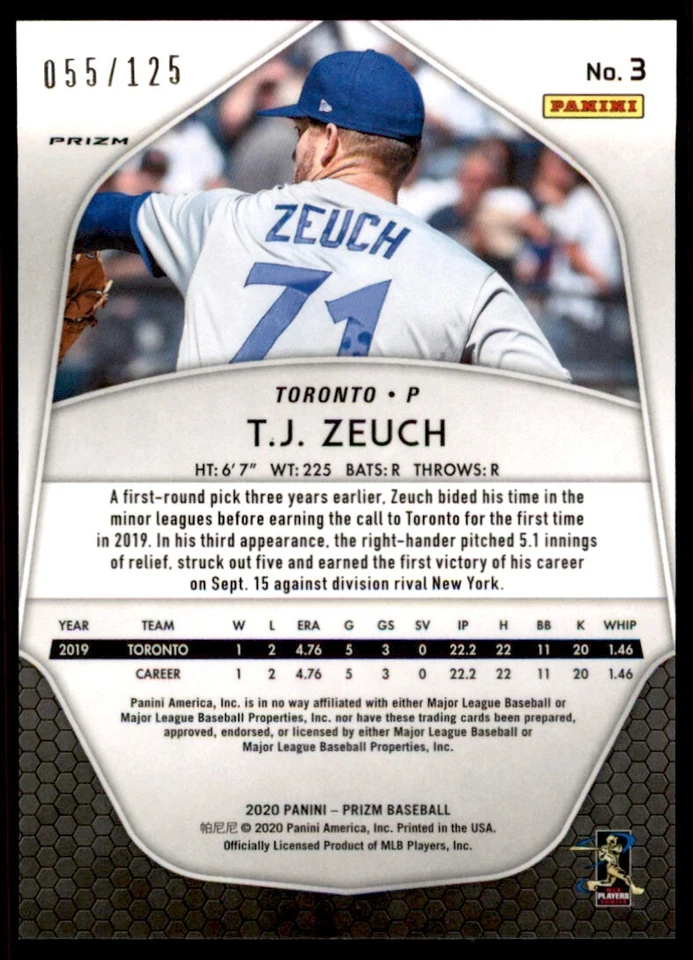 2020 Panini Prizm Prizms Lime Green #3 T.J. Zeuch /125 - Image 2 of 2