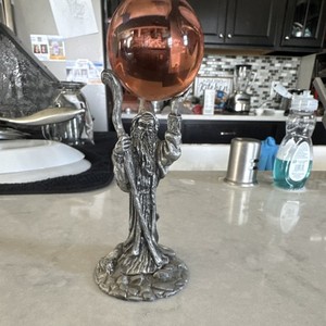 Fantasy Metal Wizard Figurine Holding Staff w/ Amber/Orange Crystal Ball