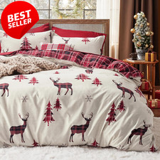 Christmas Duvet Cover Queen Reversible Buffalo Check Plaid Set Reindeer 3pcs - U