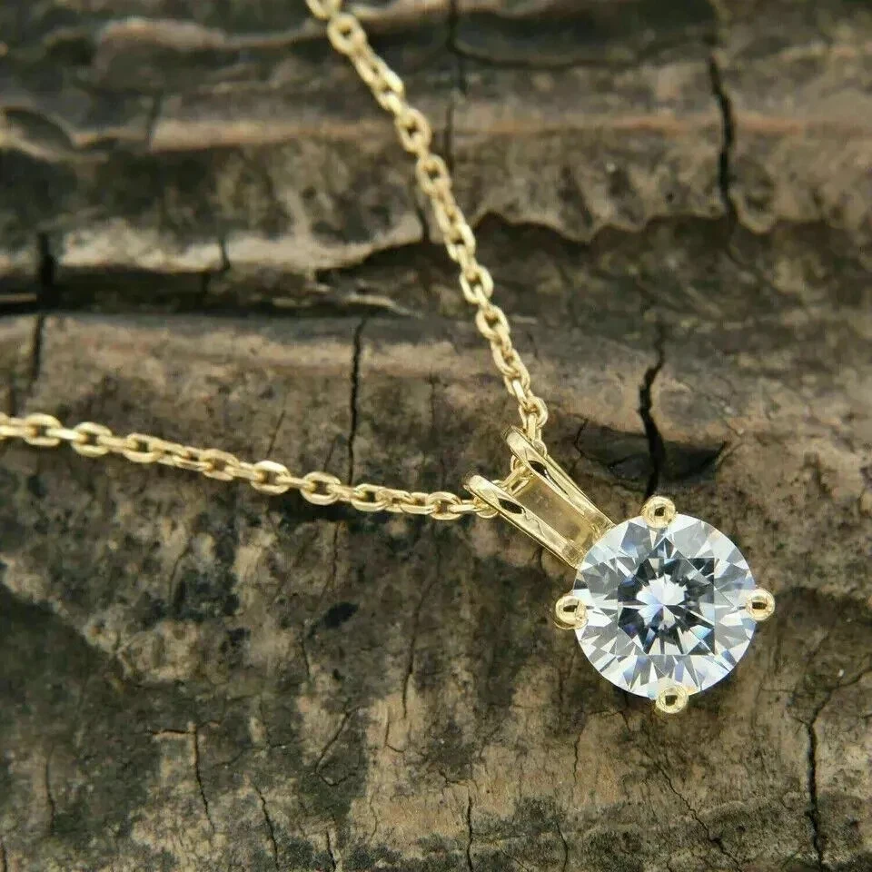 Women's Solitaire Pendant 2Ct Round Cut Simulated Diamond 14k Yellow Gold Plated - Image 3 of 4