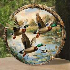 Rustic Mallard Duck Landscape Round Tin Metal Signs Home D cor 8x8