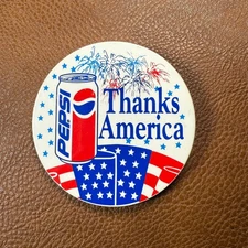 Vintage Pepsi "Thanks America" Patriotic Button Pin 3" 1980s USA Flag Retro
