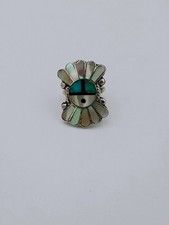 Sterling Silver 925 w/ coral N turquoise, Zuni Tewa Sun Ring Size 4