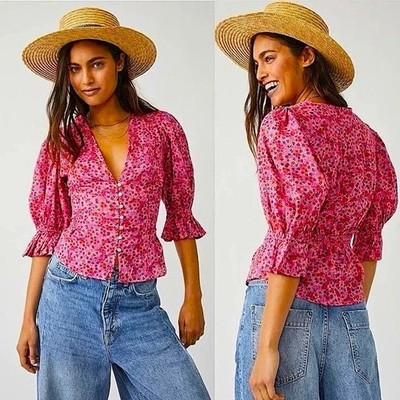 Free People 'I Found You' Floral Pink Party Combo Button Up Blouse Puff Sleeve L