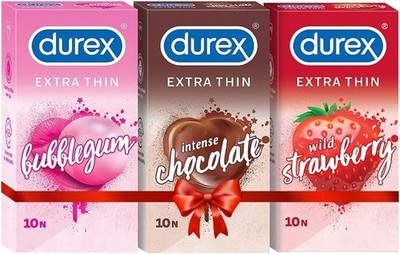 Extra Thin Flavored Condoms, 10s, 3-Pack (Bubblegum, Chocolate, Strawberry)