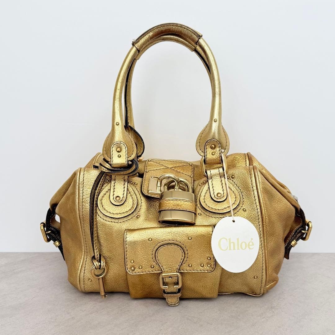 Chloe Paddington Handbag Tote Metallic Gold Leather Padlock Authentic Women's image 2