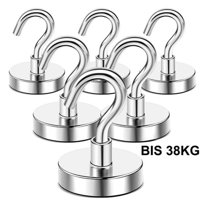 6 Stück Magnethaken Topfmagnet mit Haken D 32 mm 38 Kg Neodym Magnet M6 Gewinde