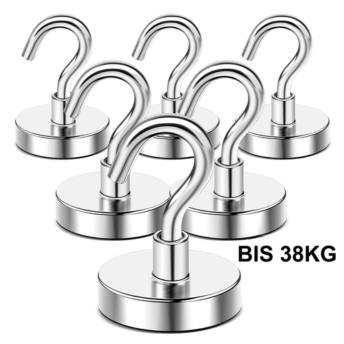 Produktbild von 8 Magnethaken – Topfmagnet D 25 Mm, 22 Kg Zugkraft, Neodym Mit M5-Gewinde, Silbrig