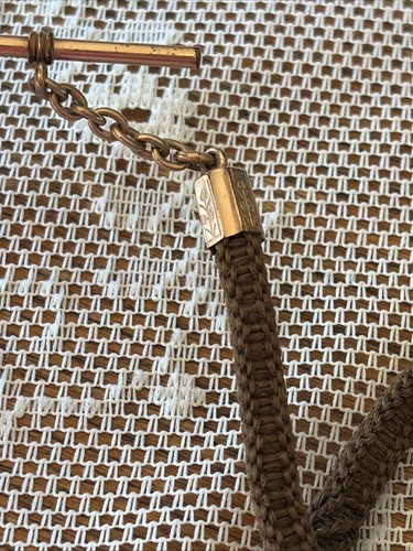 Antique Victorian Woven Hair Watch Chain Bracelet - Jeweled Heart Pendant T-Bar - Afbeelding 21 van 24