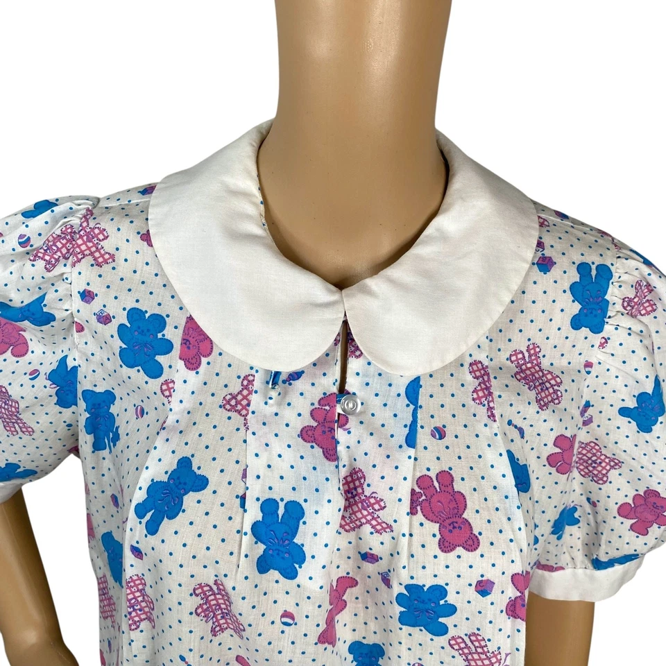 Vtg White Blue Pink Teddy Bear Collared Babydoll Puff Sleeve Tunic Top SZ 14 - Image 3 of 4