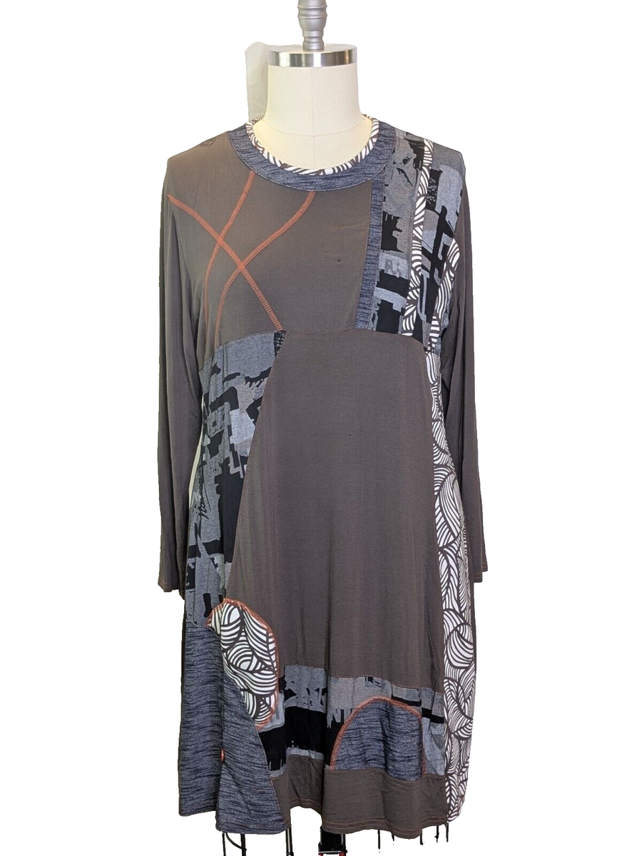 By LOLA Pullover Dress Knit Contrast Print Patchwork Toupe 1X | eBay