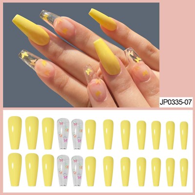 24pcs Yellow Butterfly Ballerina False Nail Long Square Press On Nails for Finge
